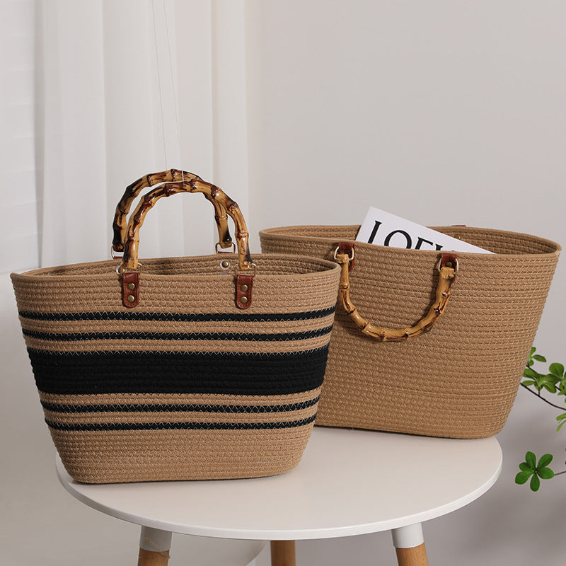 Wholesale Bamboo-like French Retro Straw Bag Portable Striped Large-capacity Cotton Woven Bag